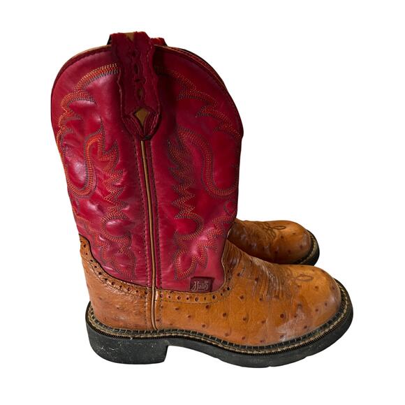 Justin Women’s Ostrich Print Western Cowboy Boots - Red/Cognac (Size 7B) - Picture 7 of 8